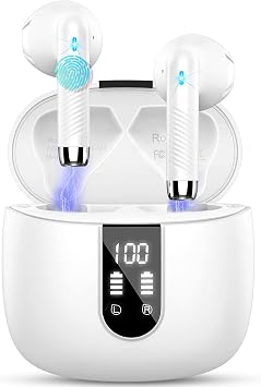 Cuffie Bluetooth, Auricolari Bluetooth 5.4 Cuffie Wireless in-ear con 4 Mic, 2026 Cuffie Senza Fili ENC Cancellazione Rumore, Mini Cuffiette Sport Earbuds IP7 Impermeabile HiFi Stereo/LED/USB-C Bianco