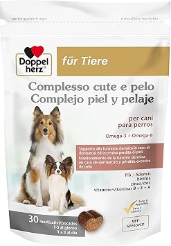 Doppelherz für Tiere Complesso Cute e Pelo per Cani, 30 Masticativi | Per pelle e pelo, Con omega-3 e 6, biotina, vitamine B + lievito di birra, 1 bocconcino al giorno, Senza zuccheri aggiunti