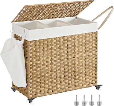 SONGMICS Cesto Portabiancheria con Coperchio, 160L, Cesta Biancheria in Rattan Sintetico con Ruote, 3 Scomparti, Sacco Rimovibile, Lavanderia Camera da Letto, 70 x 36 x 66 cm, Naturale LCB365N01