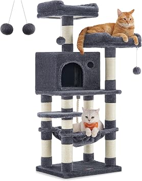 Feandrea Albero per Gatti Alto 112 cm, Tiragraffi per Gatti, con 11 Pali Graffiatoi, 2 Posatoi, 1 Grotta, 1 Amaca, 2 Pompon, in Peluche a Più Livelli, Grigio Fumo PCT215G01