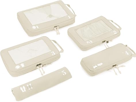 ECOHUB 5 Pezzi Organizer Valigia Compressione Salvaspazio Accessori Viaggio Utili Packing Cubes Set Organizzatore Viaggio Sacchetti Travel Essentials Kit Viaggio Aereo(Beige)