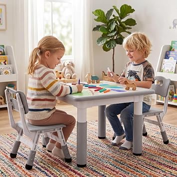 MAMIZO Tavolo Bambini con 2 Sedie, Tavolo e Sedie Bambini, Regolabile in altezza, in Plastica, per Set Bambina dai 2 anni (Grigio, Tavolo Quadrato), 60 x 60 cm, KT-TC01