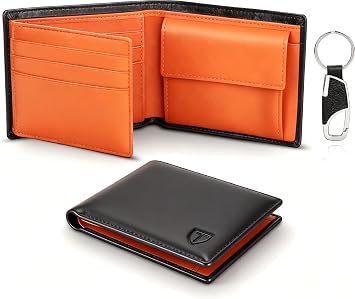 TEEHON Portafoglio Uomo Slim Vera Pelle Blocco RFID, con Tasca Portamonete | Portafoglio Piccolo Sottile con 10 Porta Carte di Credito, 2 Scomparti Banconote, Portachiavi, Regalo – Nero e Arancione