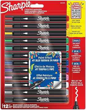Sharpie Creative Marker Pennarelli Acrilici per Hobby Creativi | Pennarelli a base d’acqua con punta tonda | deali per Fai da TeDecorazioni e Scuola | Colori assortiti | 12 pezzi
