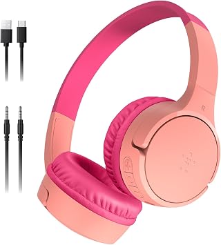 Belkin SoundForm Mini Cuffie wireless per bambini con microfono, 30 ore di riproduzione, adesivi divertenti, headset over-ear per didattica online, scuola e viaggi, per iPhone, iPad e Galaxy, rosa