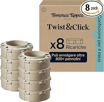 Tommee Tippee Ricariche originali per mangiapannolini Twist & Click | confezione esclusiva da 8 ricariche di 10, 5 metri l’una, praticità e risparmio, 8 X 10, 5 m (la confezione può variare)
