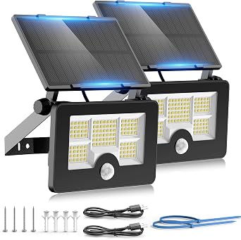 Luce Solare LED Esterno, 4 Modos Faretti Solari da Esterni con Sensore di Movimento, 2200 mAh Lampada di Sicurezza con USB, 122 LED IP65 impermeabili Lampioni Luci Solari da Giardino Parete【2 Pezzi】