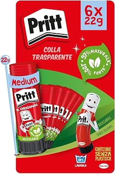 Pritt Colla Stick, Colla per bambini, 6 x 22 g | Sicura, Senza solventi, Per lavoretti e fai da te, Tenuta forte, Per scuola e ufficio, Per carta, cartone, tessuto e foto