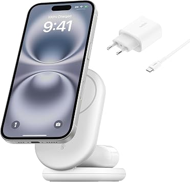 Belkin BoostCharge Caricabatteria magnetico pieghevole 2 in 1 con Qi2 15W, Caricatore wireless compatibile con MagSafe, ricarica rapida per Apple iPhone 17, Air, Pixelsnap, alimentatore – Bianco