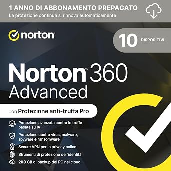 Norton 360 Advanced 2026 | Antivirus per 10 dispositivi | 200 Gb di backup | Licenza di 1 anno con rinnovo automatico | PC, Mac, tablet e smartphone | Codice d’attivazione via email