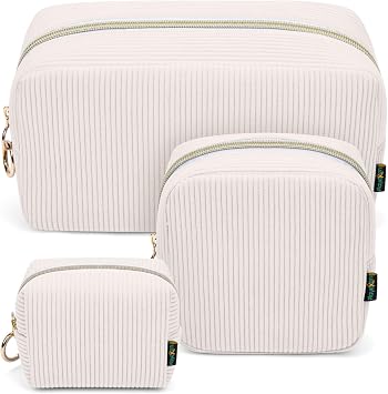 Set di 3 Pochette Donna Trucchi Mini Trousse da Borsetta Ragazza Piccolo Beauty Case da Viaggio Grande Borsa da Trucco in Velluto a Coste Mini Pochette Portatile Porta Cosmetica Astuccio(Beige)