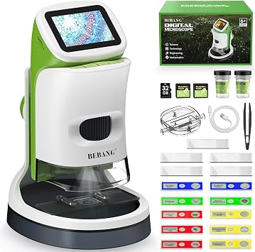 Microscopio Digitale Bambini con Supporto Rimovibile: Regalo 6-12 Anni | 1000X | Schermo 4K | Scheda 32 GB | Supporto rimovibile | Box insetti | Vetrini | Foto e video | Kit STEM | Dentro e fuori