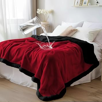 Bedding Aid coperta impermeabile standard per divano e letto – Sherpa in pile su entrambi i lati, pulita e senza macchie, ideale per amore e relax (Velvet Rosso/Nero Ossidiana, coperta soffice)