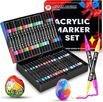 36 Colori Pennarelli Acrilici Doppia Punta,Set Pennarelli Professionali | Punta fine e Media,Acrylic Marker Ad Acqua per Dipingere Sassi, Colorazione, Legno, Vetro, Tessuti, Pittura