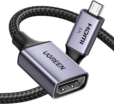 UGREEN Adattatore Micro HDMI a HDMI 2.1 8K 60Hz Cavo Bidirezionale 25cm | 4K 2K 1080P 240Hz eARC/ARC HDR VRR ALLM Atmos HDCP 48Gbps Compatibile con Fotocamera Raspberry Pi5 Laptop Xbox Series X PS5