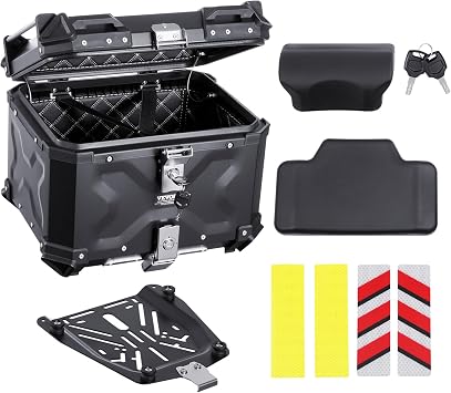 VEVOR Bauletto per Moto Universale 470 x 430 x 367 mm Lega di Alluminio con Fodera in Pelle, Bauletto per Moto Staccabile Impermeabile 55 L con Serratura e Cuscino Posteriore, Nero