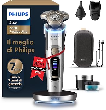 Philips Shaver i9000 Prestige Ultra, rasoio elettrico Wet & Dry, tecnologia Skin IQ Pro, triplo sistema Lift & Cut, lame di precisione NanoTech 360º, 5 modalità di rasatura, modello XP9404/38