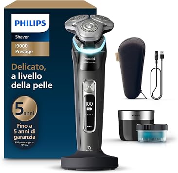 Philips Shaver i9000 Prestige, rasoio elettrico Wet & Dry, tecnologia Skin IQ, triplo sistema Lift & Cut, doppie lame in acciaio di precisione 360º, pod per pulizia rapida, modello XP9207/30