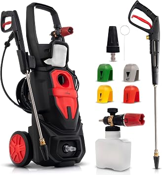 LEHMANN Phoenix Idropulitrice alta pressione, 3000 W, 190 bar, Portata 480 l/h, Motore a Induzione, Raggio d’azione 17 m, Accessori – Lancia Schiuma, 4 Ugelli e Ugello Turbo, Nero/Rosso