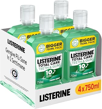 LISTERINE Collutorio Total Care Denti e Gengive Intenso, 4 x 750 ml | Al gusto Menta Fresca Intensa, Con 10 benefici in 1, Gengive più sane in due settimane, Protezione completa, Uso quotidiano