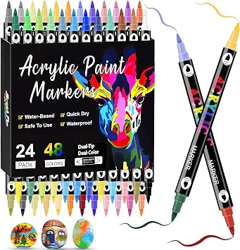 48 Colori Pennarelli Acrilici Doppia Punta,Set Pennarelli Professionali | Punta fine e Media,Acrylic Marker Ad Acqua per Dipingere Sassi, Colorazione, Legno, Vetro, Tessuti, Pittura