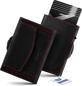 LORZOR Portafoglio Uomo slim con Portamonete XXL, Portacarte Uomo in Pelle, Porta Carte di Credito con Protezione RFID, Porta Tessere Tascabile, Wallet Pop-up per 10 Carte,con Scomparto per Contanti