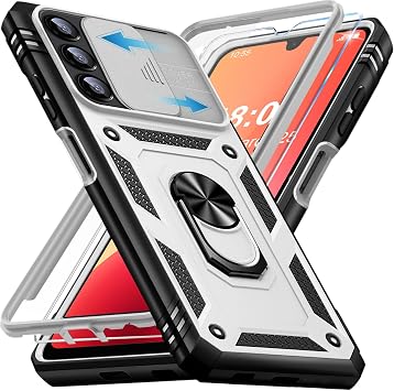 Giyer Cover per Samsung Galaxy A14 5G Custodia con Vetro Temperato, Antiurto Grado Militare 360° Anello Supporto Armor Bumper Case, Antiurto per Samsung A14 5G Cover (Bianco)