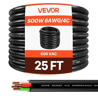 VEVOR Cavo di Alimentazione Portatile, 7,62 m 6AWG, 4 Conduttori, Cavo di Alimentazione Elettrica SOOW 600V, Filo Elettrico di Qualità Industriale, Rivestimento in Gomma CPE di Alta Qualità
