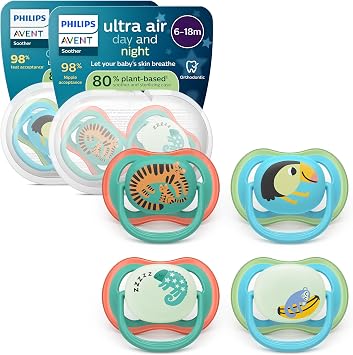 Philips Avent Ultra Air Day & Night Ciuccio – Design ortodontico, per neonati 6-18 mesi, modello fluorescente, tettarella simmetrica in morbido silicone, senza BPA, confezione da 4, SCF087/27