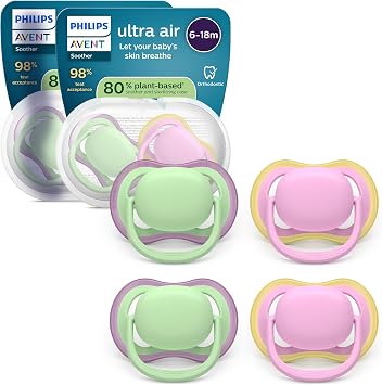 Philips Avent Ultra Start Ciuccio – Design ortodontico, per neonati 6-18 mesi, tettarella simmetrica in morbido silicone, senza BPA, 2 custodie per la sterilizzazione, confezione da 4, SCF087/25