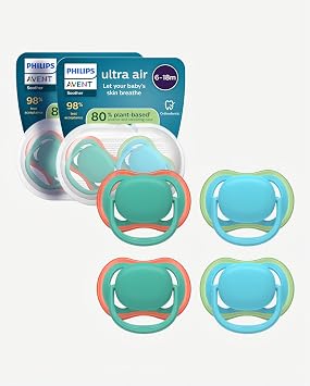 Philips Avent Ultra Start Ciuccio – Design ortodontico, per neonati 6-18 mesi, tettarella simmetrica in morbido silicone, senza BPA, 2 custodie per la sterilizzazione, confezione da 4, SCF087/24