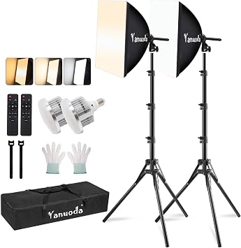 Set 2 Softbox Studio Fotografico 40×40 cm con 2 Lampadine LED 95W (3000-7500K, E27) + 2 Treppiedi – Luce Professionale per Foto, Video, Streaming Live e Ritratti