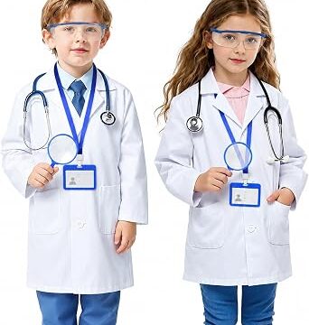 BSBUY Costume Dottore Bambino, Camice Laboratorio Bambino, 4 Pezzi Costume da Medico per Bambini, con Goggles, Carta D’identità, Ingrandimento, Kid Scienziato Cosplay Costume per Halloween, Bianco