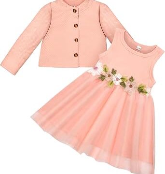 Vicloon Vestito per Neonate con Set di Cardigan, 2 Pezzi Vestito e Cappotto per Neonata, Gonne in Tulle Senza Maniche, Manica Lunga Cardigan a Nido d’ape, Abiti da Principessa, 6-24 Mesi(Bianco, Rosa)