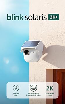 Blink Solaris 2K+ (ultima gen.), Videocamera di sicurezza intelligente senza fili a energia solare, Video 2K, Modulo di sincronizzazione incluso, 1 sistema con videocamera (bianco)