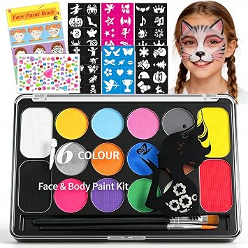 Mekkyes Truccabimbi Kit – 16 Colori Trucco Viso Bambini con 4 Colori Grandi, 52 Stencil e 1 Adesivo con Strass, Truccabimbi set Anallergici Atossici Body Painting per Halloween Carnevale Cosplay