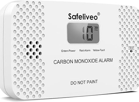Safeliveo Rilevatore di Monossido di Carbonio con Schermo LCD, Sensore CO con Batteria Sostituibile, Pulsante Test e funzione Mute,Rilevatore Monossido Portatile per Casa,Viaggio, EN 50291 (1 pezzo)