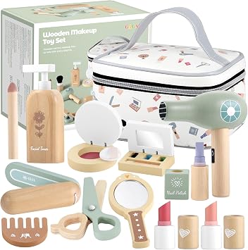 GAGAKU Set di 16 trucchi in legno per bambine dai 3 anni in su, con accessori realistici come rossetto e specchio, set cosmetico perfetto per bambini