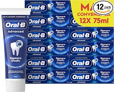 Oral-B Dentifricio Advanced Rigenera Smalto 12x75ml, Dentifricio Formato Convenienza, Clinicamente Provato, Pulizia Denti Efficace, Alito Fresco, Extra Freschezza Sapore Eucalipto