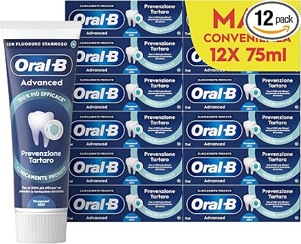 Oral-B Dentifricio Anti Tartaro Advanced Prevenzione 12x75ml | Dentifricio Anti Tartaro con Microgranuli Attivi, Clinicamente Provato, Pulizia Denti, Sapore Menta Fresca, Alito Fresco