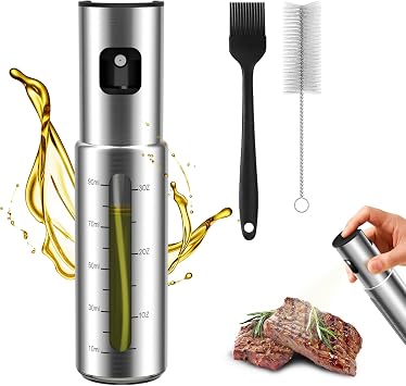 KitchenBoss Spruzzino Olio per Friggitrice Aria: Spruzzatore Olio in Acciaio Inox 100ml con Spazzole Olio Spray per Insalate, Grigliate e Fritture