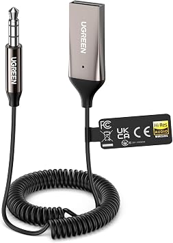 UGREEN LDAC Ricevitore Bluetooth 6.0 per Auto con Adattatore Hi-Res Audio | Wireless Jack 3.5mm USB con Microfono Incorporato e Cavo, Supporta Chiamate in Vivavoce, Altoparlanti Stereo, Cuffie