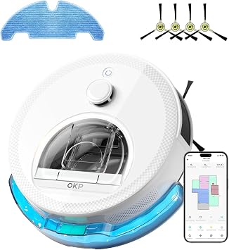 OKP L6 Aqua Robot Aspirapolvere Lavapavimenti 3 in 1 con Mappatura, 6000 Pa | 150 Min, Navigazione dToF, Zona vietata, Rilevamento Tappeti, Ideale per Tappeti/Pavimenti/Peli, WiFi 2.4G/5G, App, Alexa