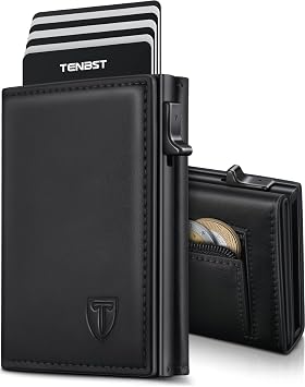 TENBST Portafoglio Uomo Slim, Magnetico Porta Carte di Credito Uomo con RFID Anticlonazione, Porta Tessere con Portamonete e Contanti, Portacarte Uomo Piccolo, Idea Regalo Uomo – Nero
