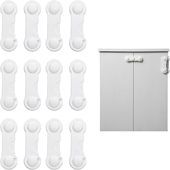 Blocca cassetti Bambini 12 Pezzi Sicurezza casa – Chiudi cassetti Adesivo Senza Trapano per armadietti, mobili, Ante, Frigorifero, Protezione Bambini, Facile da installare Bianco