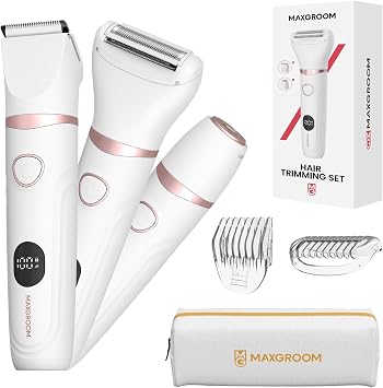 MAXGROOM Rasoio Elettrico Donna per Parti Intime 3 in 1, Bianco | Depilatore Corpo Inguine Impermeabile con Lama Ceramica Led Display Motore Potente 7000 giri/min Ricaricabile Type-C
