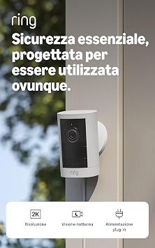 Ring Outdoor Camera 2K, Videocamera per esterni, Alimentazione plug-in (ultimo modello), Facile installazione fai-da-te, Video grandangolare Retinal 2K, Zoom avanzato 6x e visione notturna, bianco