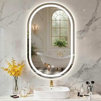 PINNIP Specchio Bagno con Luce, LED Specchio Ovale da Parete, Smart Mirror, Antifog, Dimmerabile 3 Colori, Vetro Temperato HD, Orizzontale/Verticale (Ovale, 80 x 50 cm)