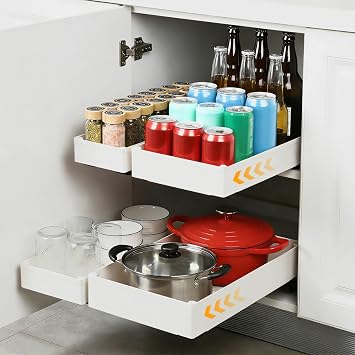 VINATO Set 4 Cassetti Estraibili per Cucina, 4 Dimensioni Organizzatore Estraibile Cucina,Cassetto Estraibile per Dispensa, Montaggio Senza Fori – Cassetti Estraibili per Armadi