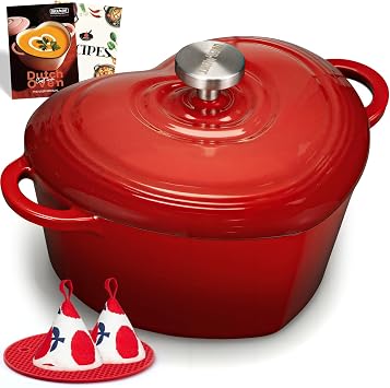 Overmont Pentola in Ghisa Smaltata a Forma di Cuore – 1.89L Casseruola con Coperchio e Libro di Ricette – Per Cucina, Forno, Stufare e Arrostire – Regalo Matrimonio e Festività – Rosso